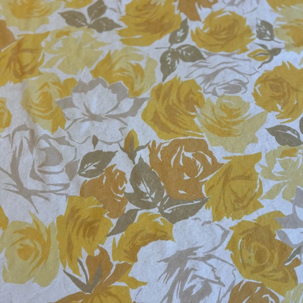Vintage yellow, golds & taupes floral round corner cotton tablecloth beautiful